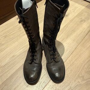 Vera Wang Lavender Label Lace-Up Knee-High Boots in Dark Brown Leather